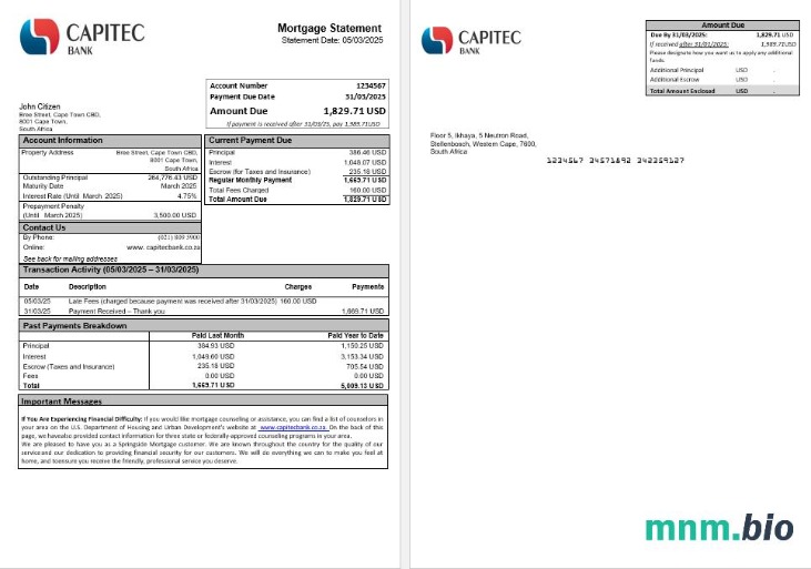 Południowa Afryka Capitec Bank wyciąg z kredytu hipotecznego w formatach Word i PDF
